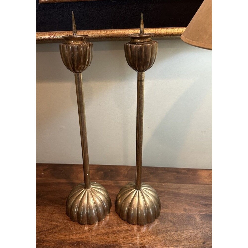 Vintage Japanese Brass Buddhist Temple Candle Sticks Stands Lotus Base 15”